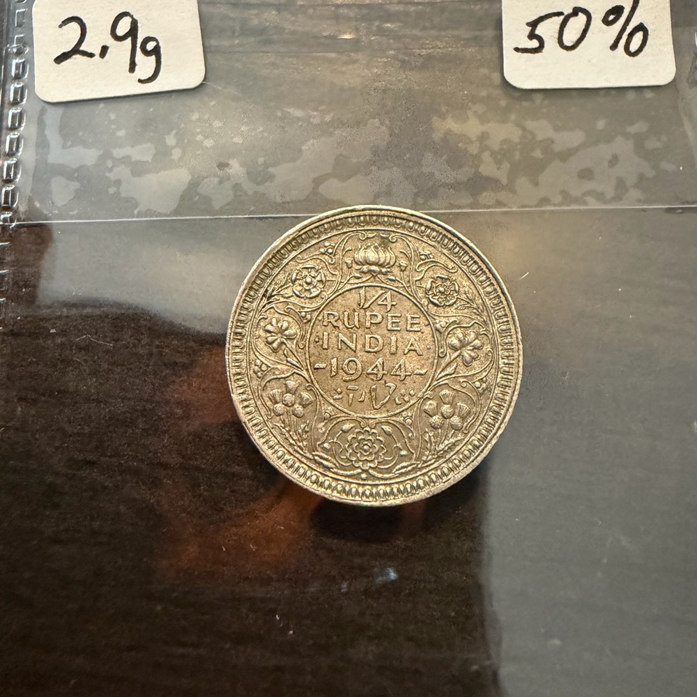 1944 India 1/4 Rupee Coin 50% silver